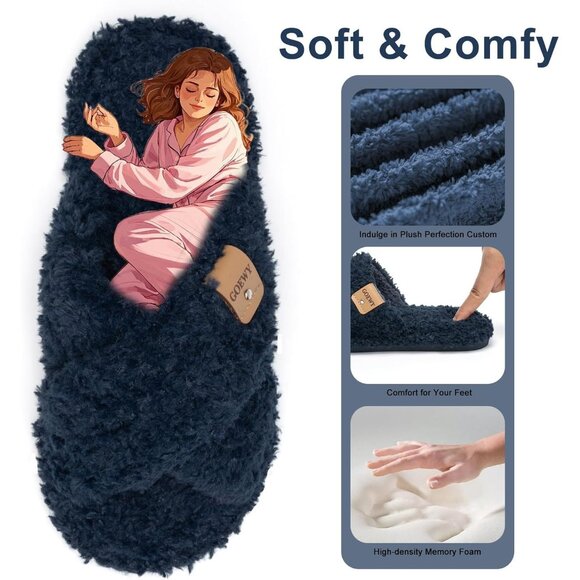 ⚡Women’s Navy Blue Faux Fur Cozy Fuzzy Cross Band Slippers House Shoes - Picture 3 of 6